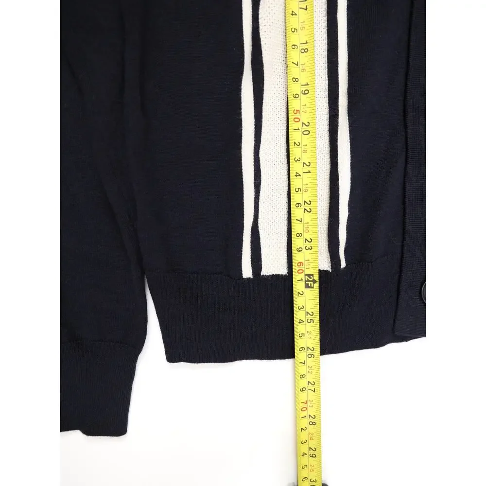Quiet Luxury Sandro Paris Mens 100% Wool Navy Striped Cardigan Minimalist Preppy